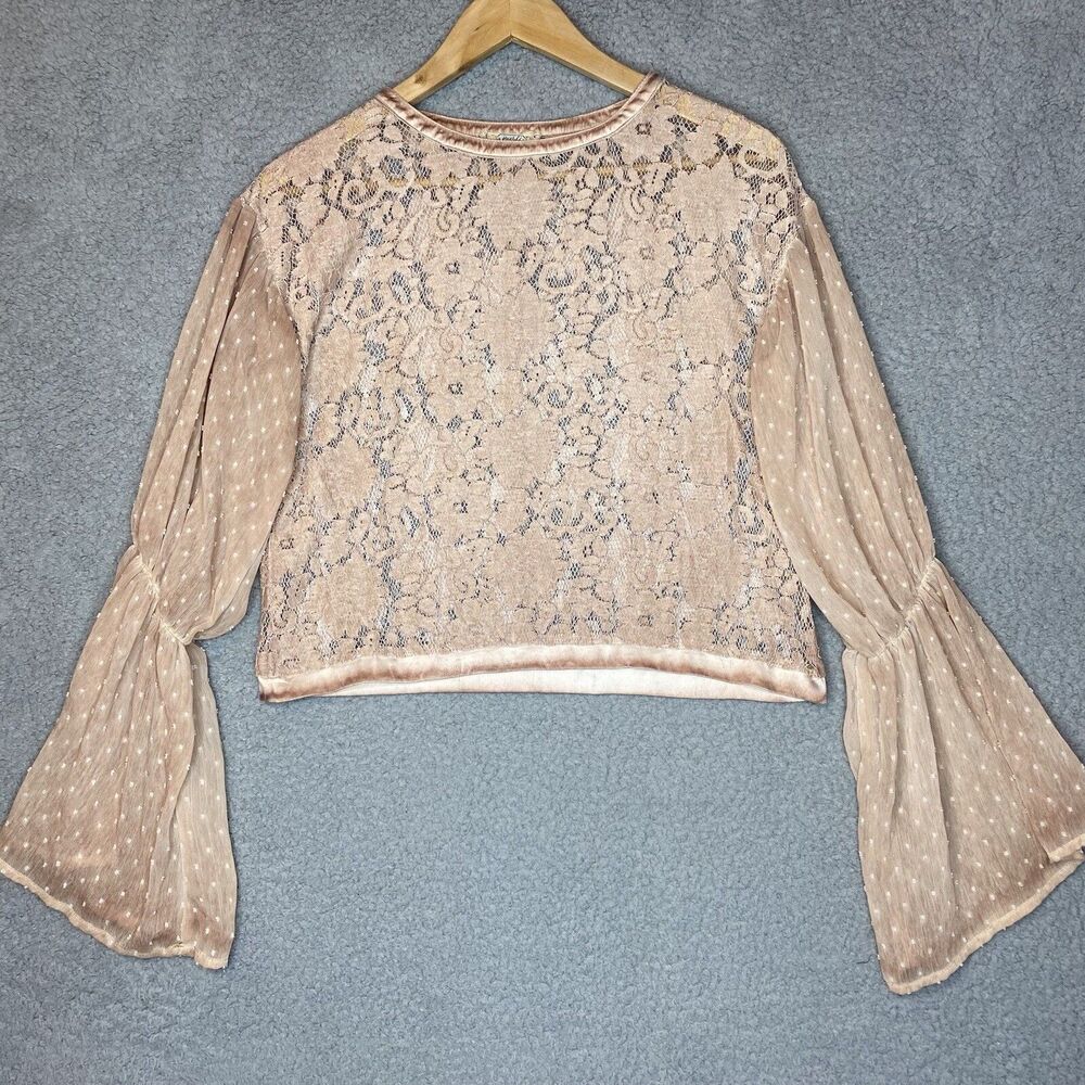 BKE Sheer Lace Cottage Peasant Fairy Womens M Top Lanterned Sleeves Pink Hombre